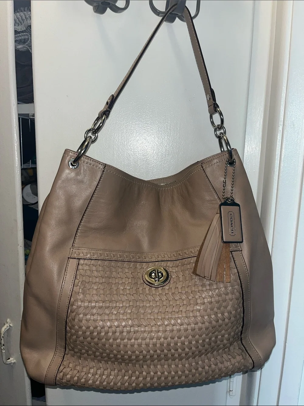 Coach Taupe Brown Woven Leather Hobo with Tassel
